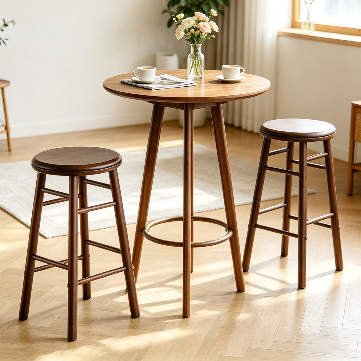 24" Swivel Bar Stools Set of 2 with Footrests & Crossbars-Walnut