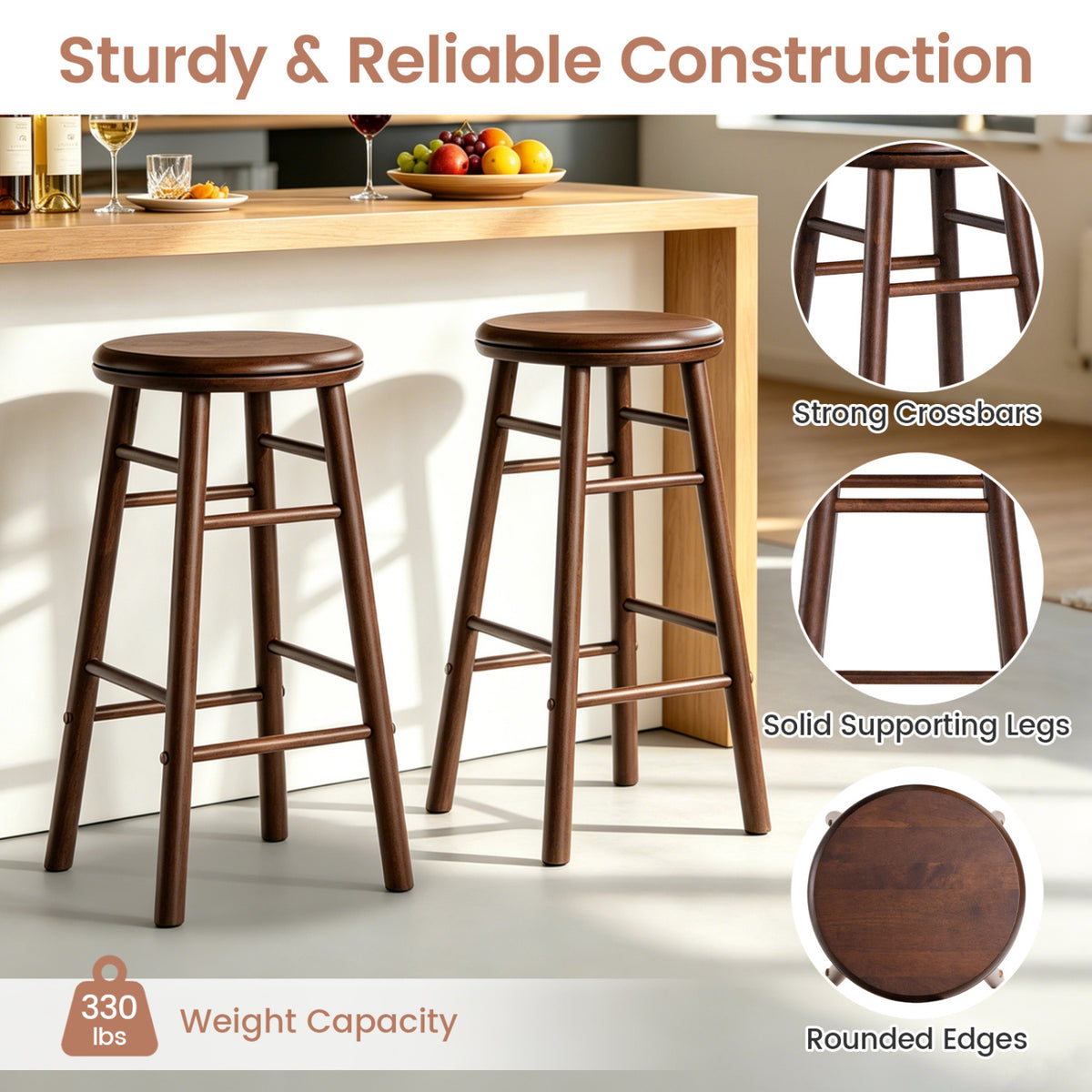 24" Swivel Bar Stools Set of 2 with Footrests & Crossbars-Walnut