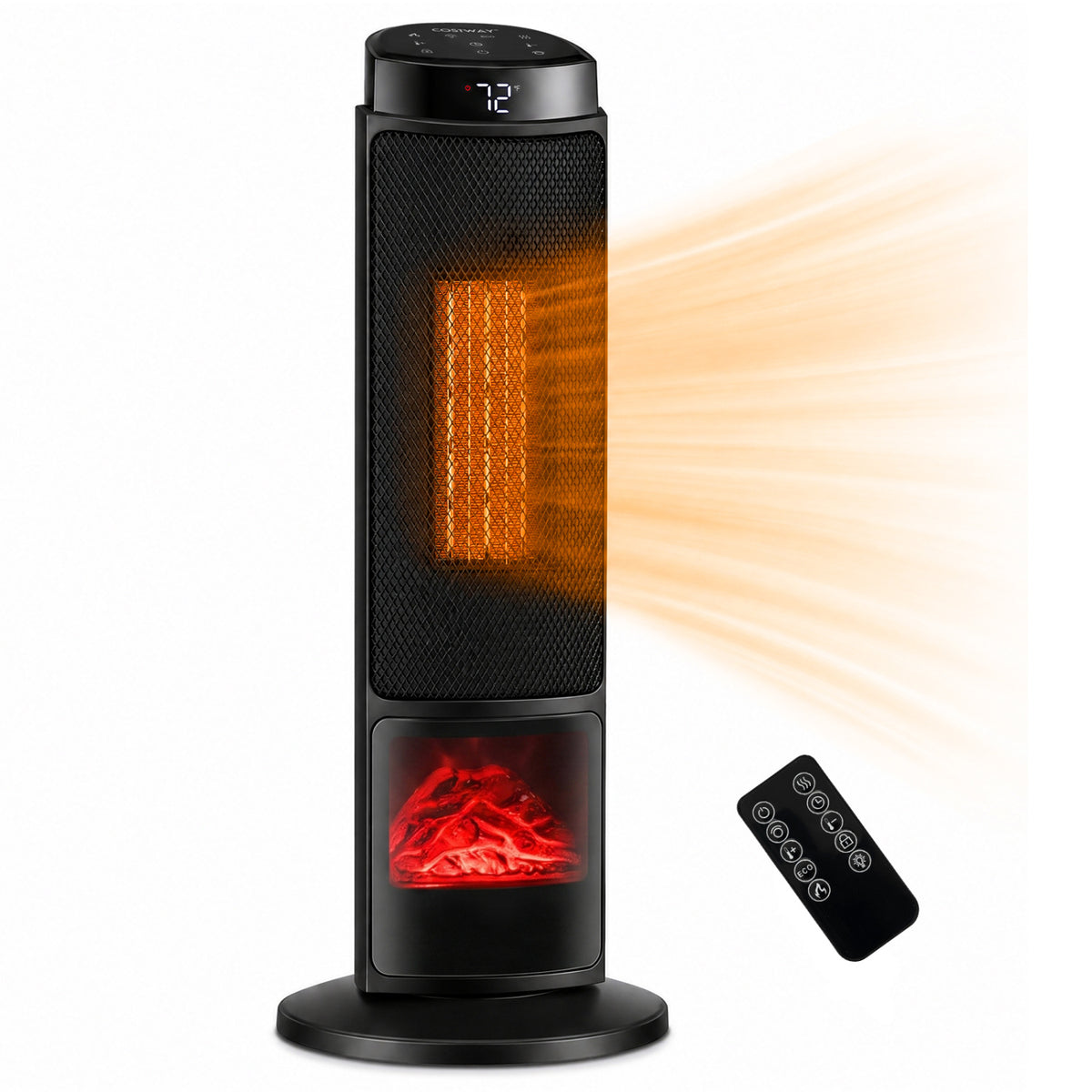 24 inch 1500W PTC Ceramic Tower Space Heater with 7-Color Flame-Black