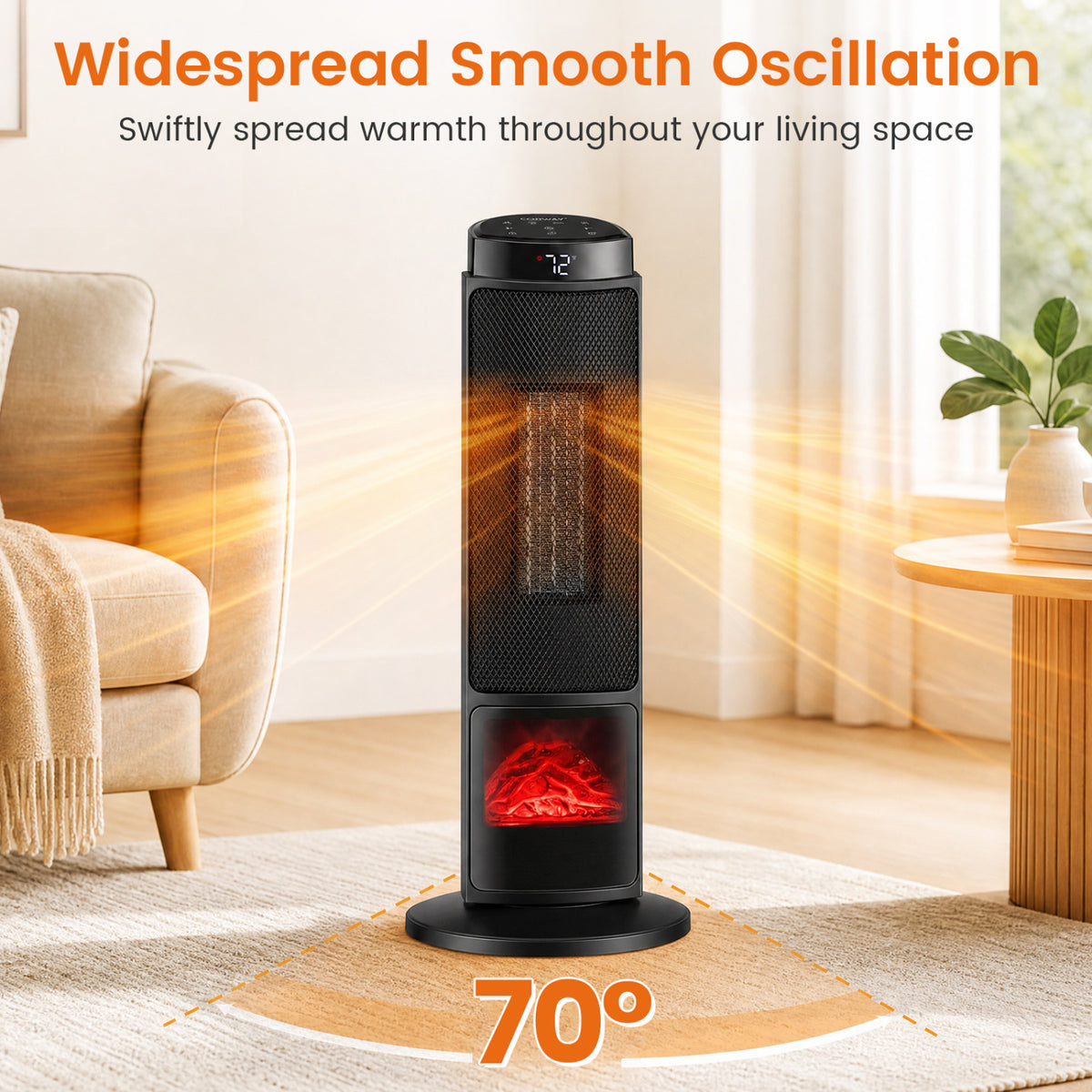 24 inch 1500W PTC Ceramic Tower Space Heater with 7-Color Flame-Black