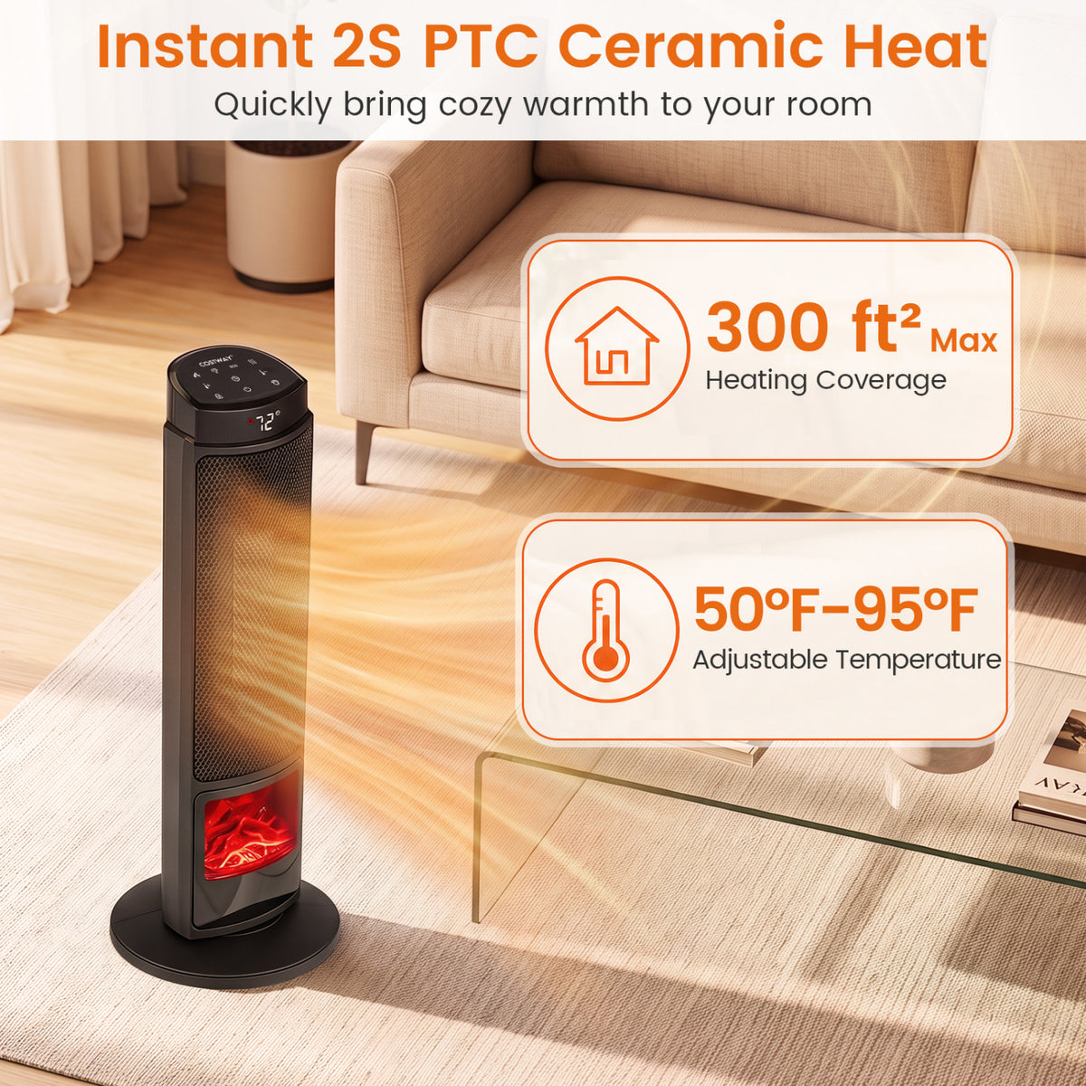 24 inch 1500W PTC Ceramic Tower Space Heater with 7-Color Flame-Black