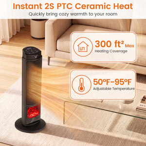 24 inch 1500W PTC Ceramic Tower Space Heater with 7-Color Flame-Black