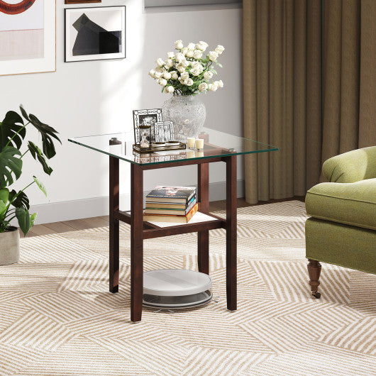 24 Inch 2-Tier Square Glass Coffee Table Center Table with Storage Shelf-Brown