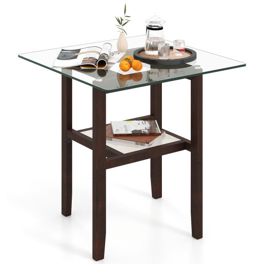24 Inch 2-Tier Square Glass Coffee Table Center Table with Storage Shelf-Brown