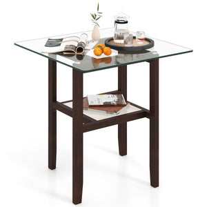 24 Inch 2-Tier Square Glass Coffee Table Center Table with Storage Shelf-Brown