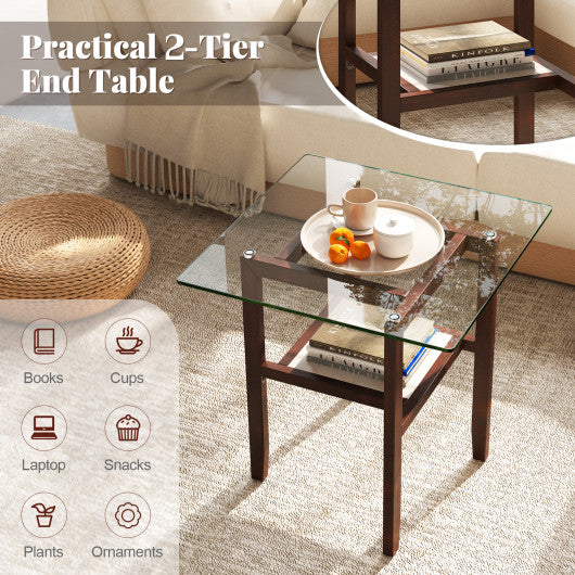24 Inch 2-Tier Square Glass Coffee Table Center Table with Storage Shelf-Brown
