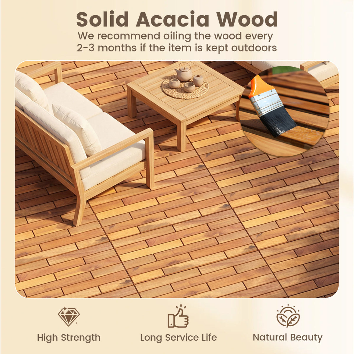 24 x 12 Inch 36 Pieces Acacia Wood Interlocking Deck Tiles with Waterproof Design-Natural