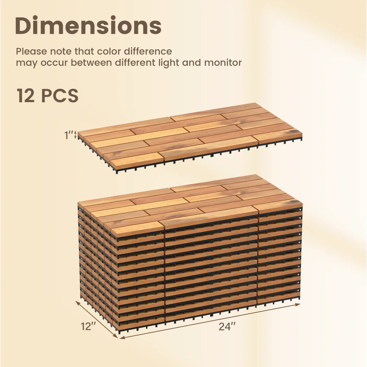 24 x 12 Inch 48 Pieces Acacia Wood Interlocking Deck Tiles with Waterproof Design-Natural