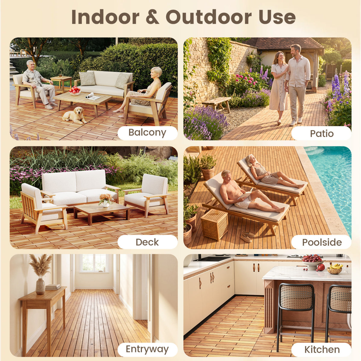 24 x 12 Inch 48 Pieces Acacia Wood Interlocking Deck Tiles with Waterproof Design-Natural