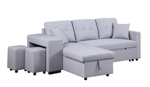 Dennis - Linen Fabric Reversible Sleeper Sectional With Storage Chaise And 2 Stools by Couch.com