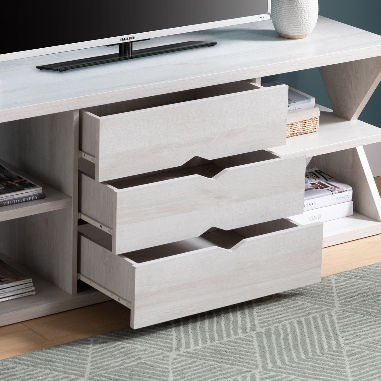 Modern TV Stand With Four Open Shelves And Three Storage Drawers - White Oak by Couch.com