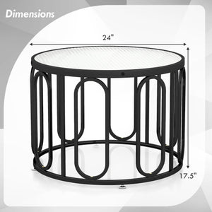 24 Inch Round Coffee Table with Reeded Tempered Glass Top and Oval Swivel Brackets-Black