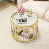 24 Inch Round Coffee Table with Reeded Tempered Glass Top and Oval Swivel Brackets-Golden