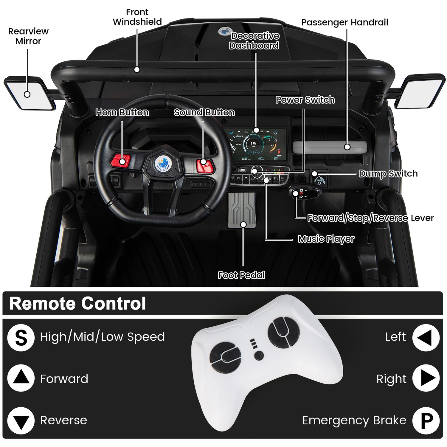 24V Ride On Kids Car with Dump Bed and Remote Control-Black