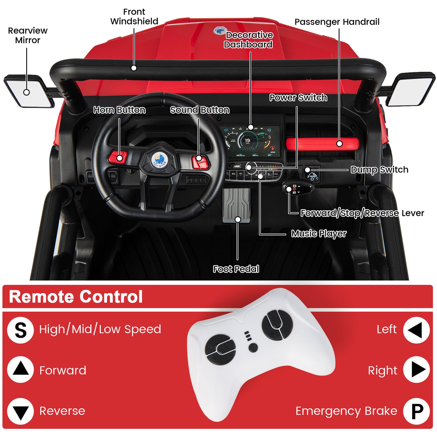 24V Ride On Kids Car with Dump Bed and Remote Control-Red