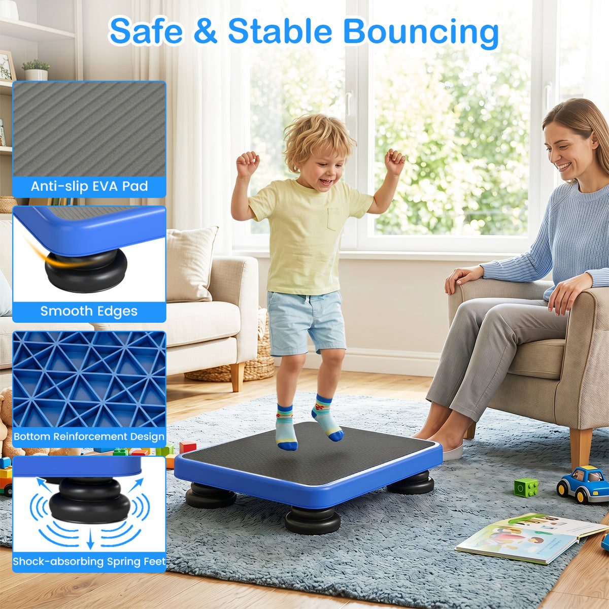 24x20" Kids Rebounder Bouncing Board with Elastic Rope for Ages 3+-Blue