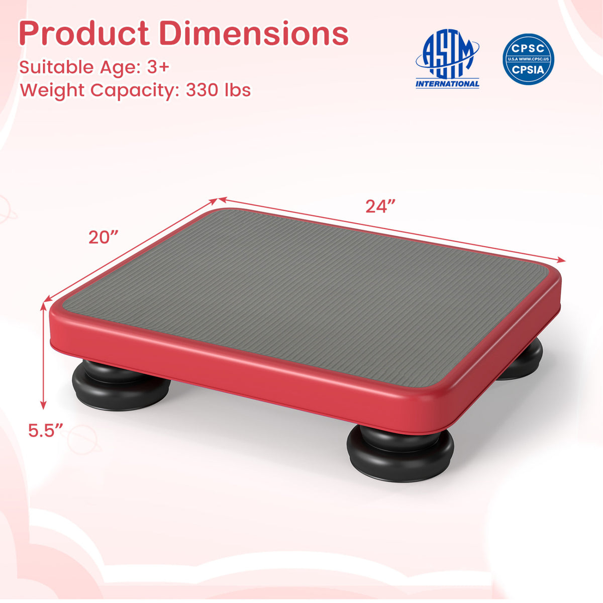 24x20" Kids Rebounder Bouncing Board with Elastic Rope for Ages 3+-Red