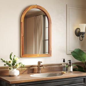 24 Inch x 35 Inch Arched Wall Mirror with Solid Acacia Wood Frame-Brown