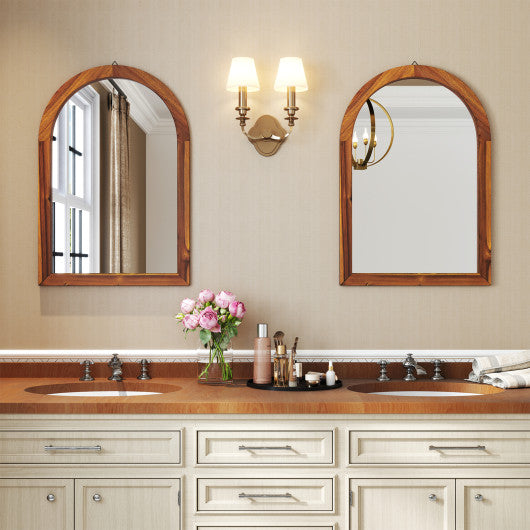 24 Inch x 35 Inch Arched Wall Mirror with Solid Acacia Wood Frame-Brown