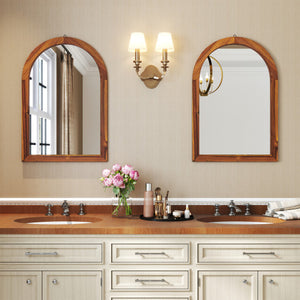 24 Inch x 35 Inch Arched Wall Mirror with Solid Acacia Wood Frame-Brown