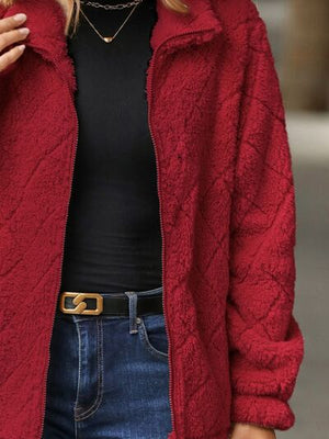 Women's Fuzzy Zip-Up Jacket with Pockets – Soft & Cozy Long Sleeve Outerwear