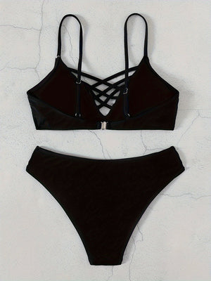 Noir Allure Criss Cross Bikini Set for Women – Chic Elegant Hollow Out Design with High Waist Buckle Detail Adjustable Spaghetti Straps & Medium Stretch Nylon – 2-Piece Women's Swimwear for Summer Beach Days & Poolside Glam