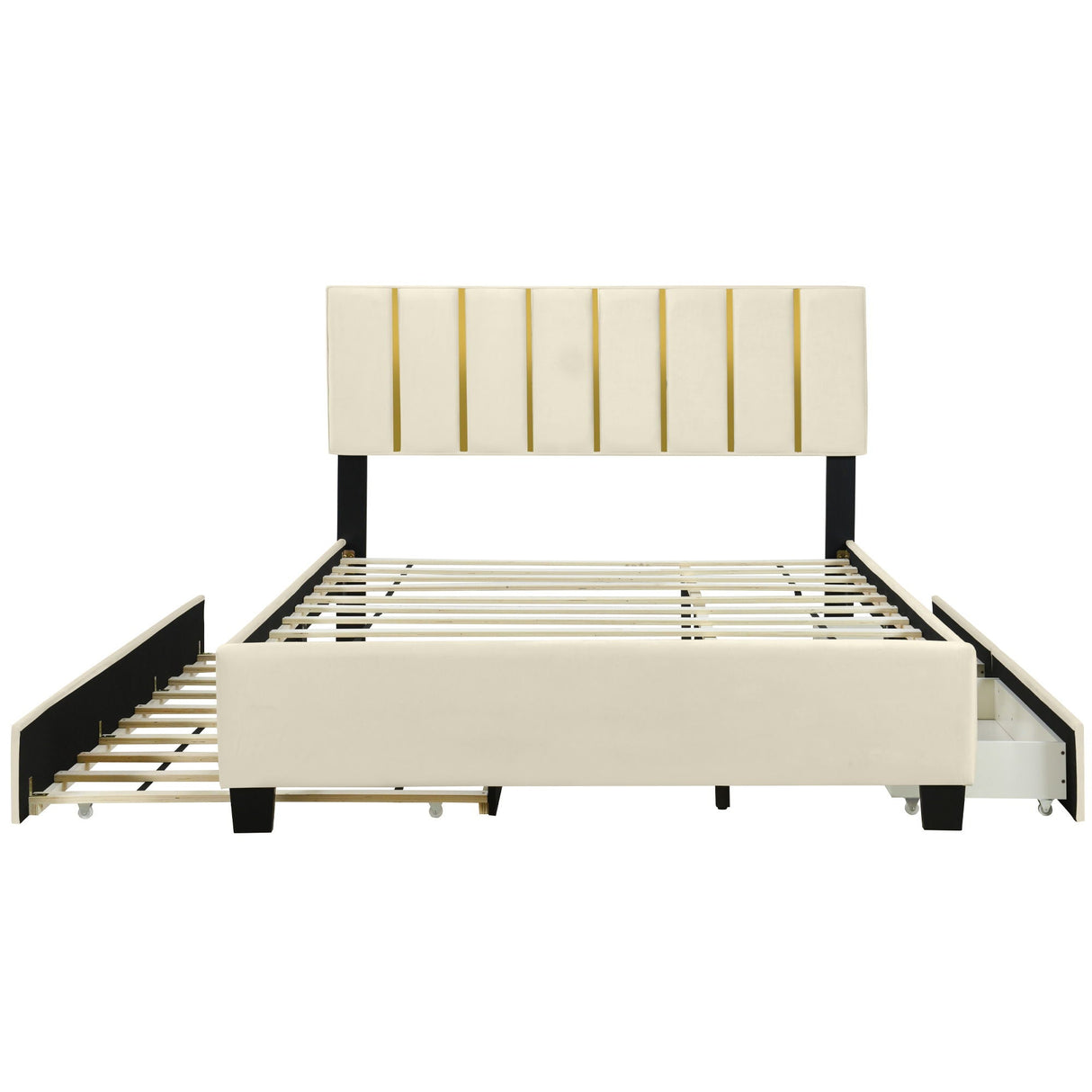 Upholstered Platform Bed With 2 Drawers And 1 Trundle, Classic Strip Headboard Design by Couch.com