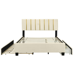 Upholstered Platform Bed With 2 Drawers And 1 Trundle, Classic Strip Headboard Design by Couch.com