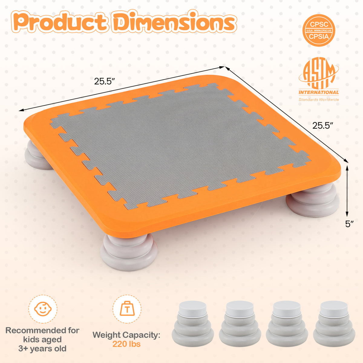25.5 Inch Kids Mini Trampoline with 4 Removable and Non-Slip Foot Pads-Orange