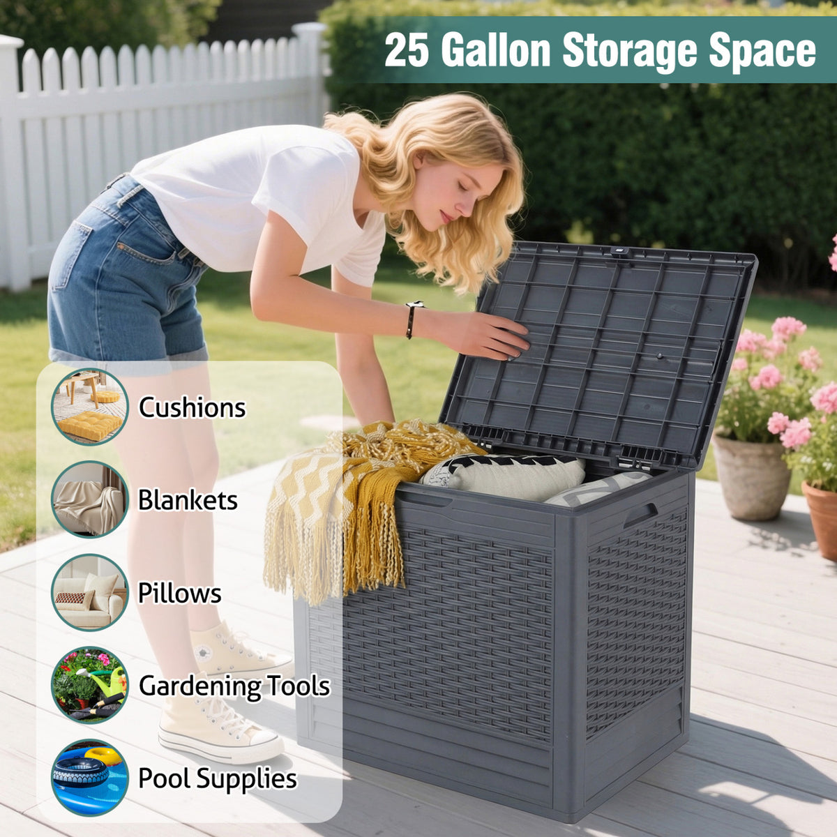 25 Gallon Outdoor Storage Box with Rattan Patterns-Gray