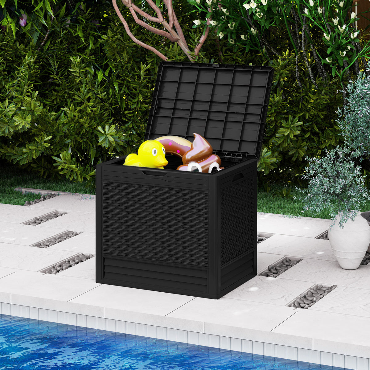 25 Gallon Outdoor Storage Box with Rattan Patterns-Black
