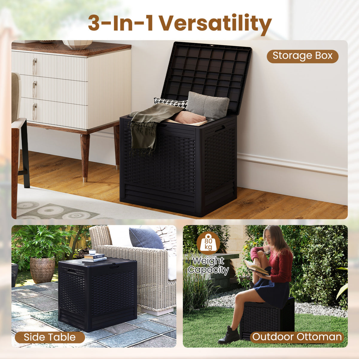 25 Gallon Outdoor Storage Box with Rattan Patterns-Brown