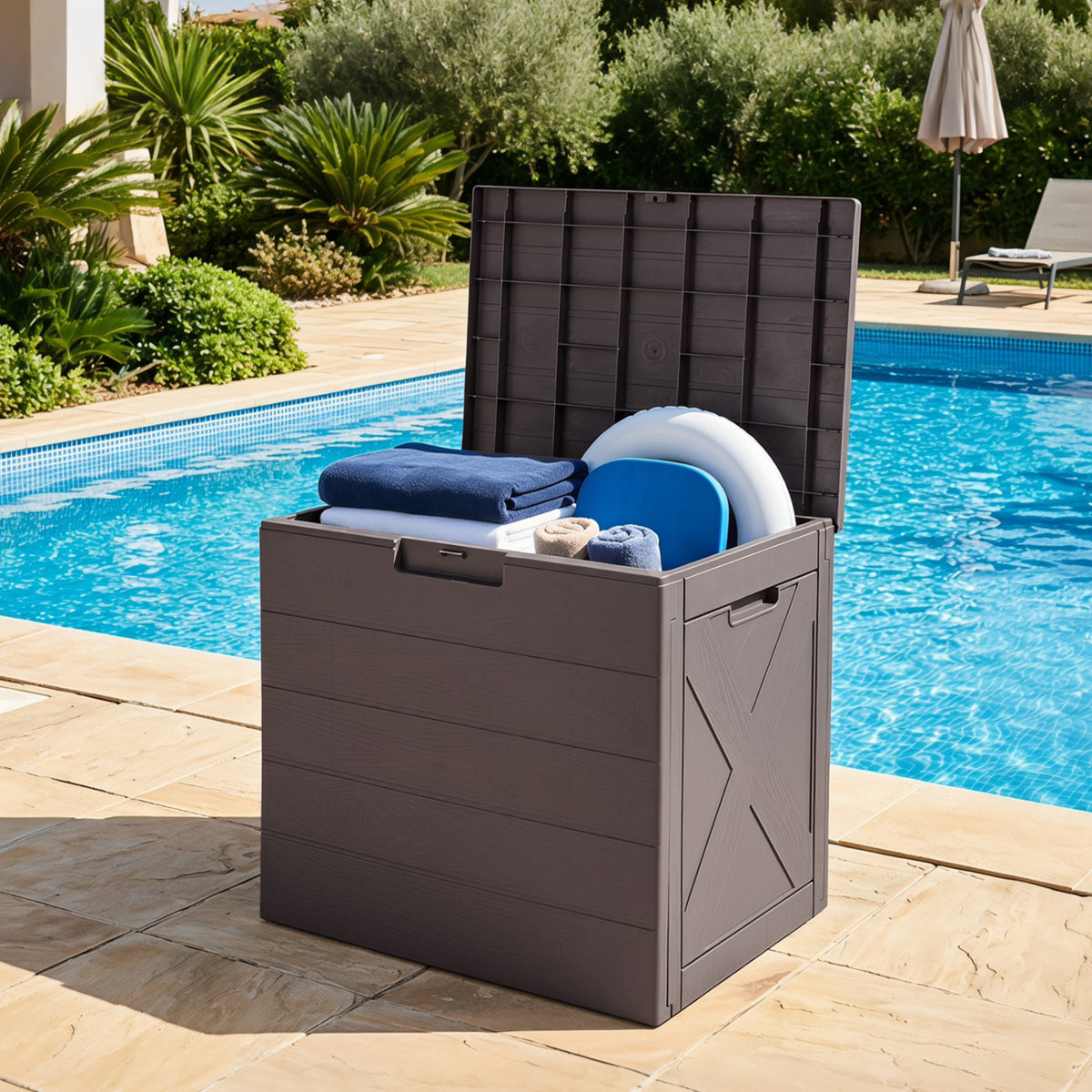 25 Gallon Storage Bin with Lid Carry Handles and Lock Hole for Patio Furniture Accessories-Brown