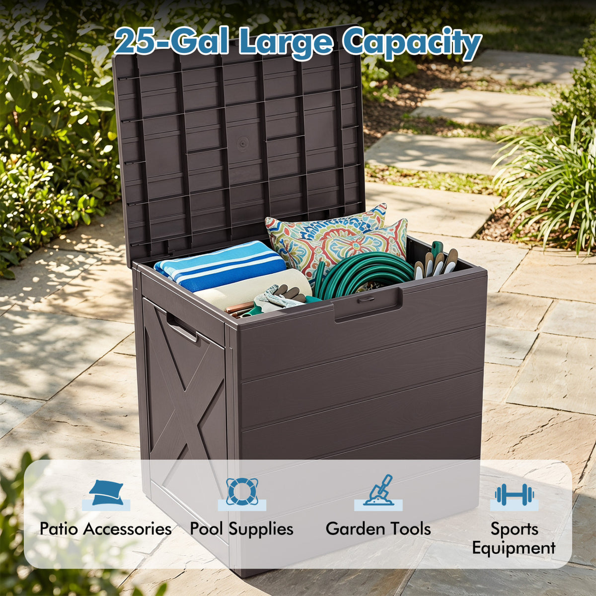 25 Gallon Storage Bin with Lid Carry Handles and Lock Hole for Patio Furniture Accessories-Brown