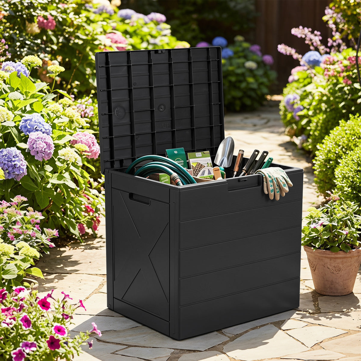 25 Gallon Storage Bin with Lid Carry Handles and Lock Hole for Patio Furniture Accessories-Black