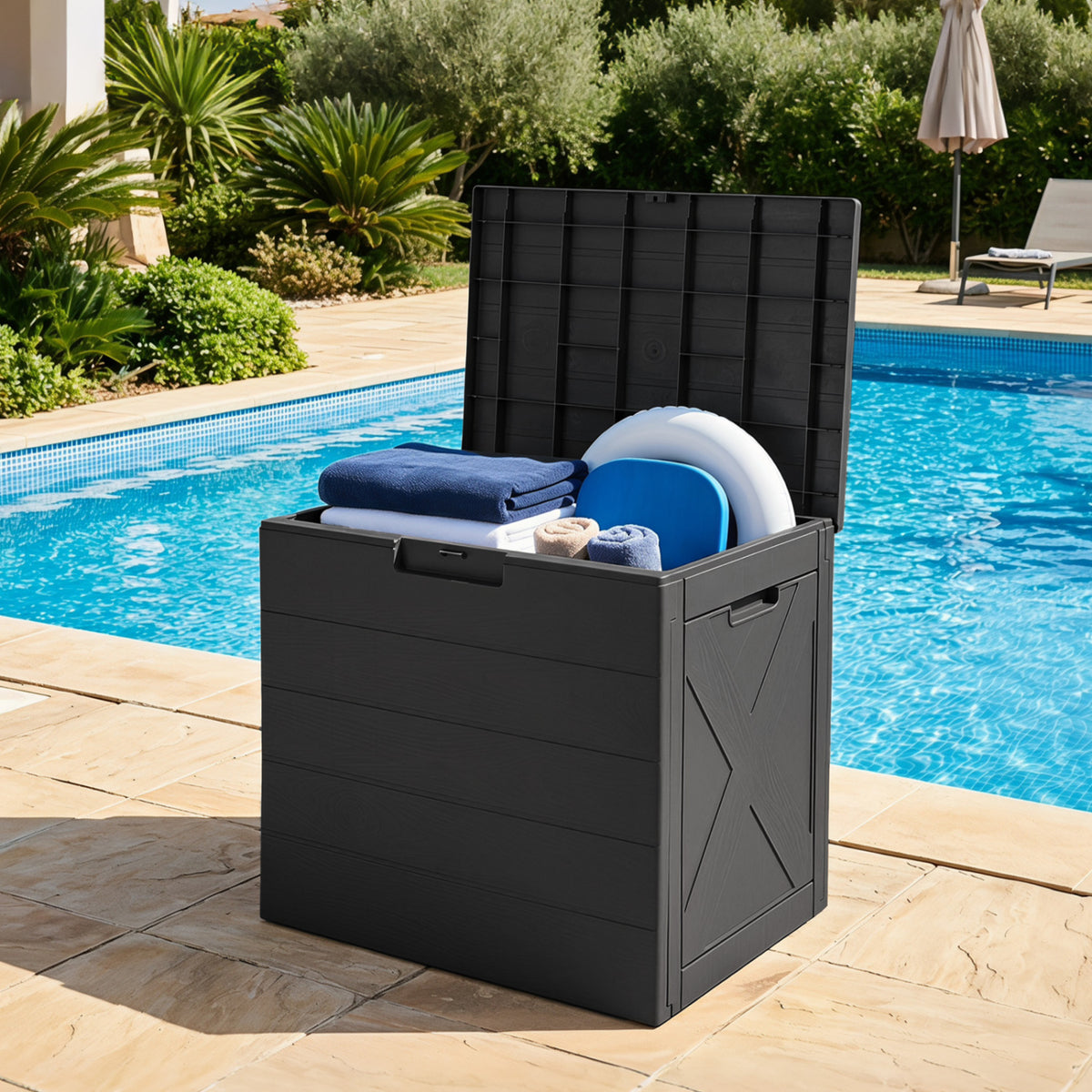 25 Gallon Storage Bin with Lid Carry Handles and Lock Hole for Patio Furniture Accessories-Black