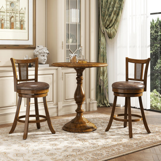 25 Inch Set of 2 Bar Stools with PE Rattan Backrest and Rubber Wood Frame-Brown