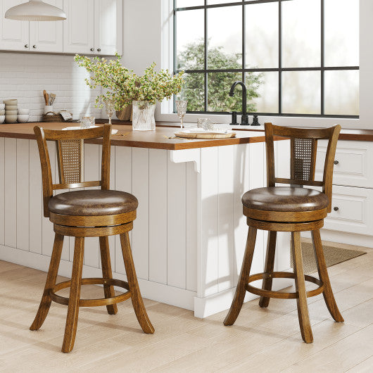 25 Inch Set of 2 Bar Stools with PE Rattan Backrest and Rubber Wood Frame-Brown