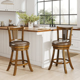 25 Inch Set of 2 Bar Stools with PE Rattan Backrest and Rubber Wood Frame-Brown
