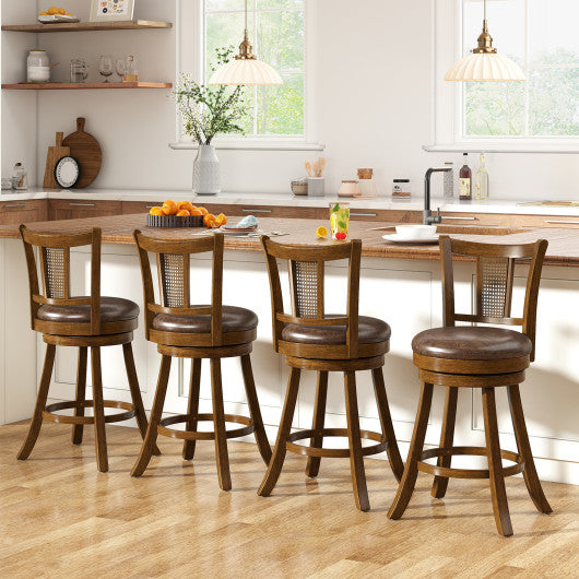 25 Inch Set of 2 Bar Stools with PE Rattan Backrest and Rubber Wood Frame-Brown