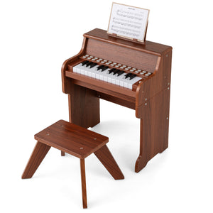 25 Keys Kids Piano Keyboard with Stool Mini Digital Piano Wooden Toy with Adjustable Speed and Volume-Brown