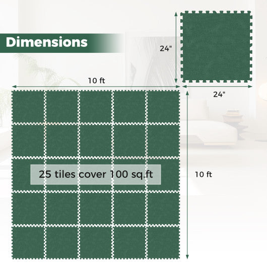 25 Pack-100 Sq.Ft. Foam Floor Tiles Interlocking Carpet Tiles with Edge Borders-Green