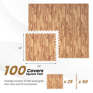 25 Tiles Wood Grain Foam Floor Mats with Borders- Natural
