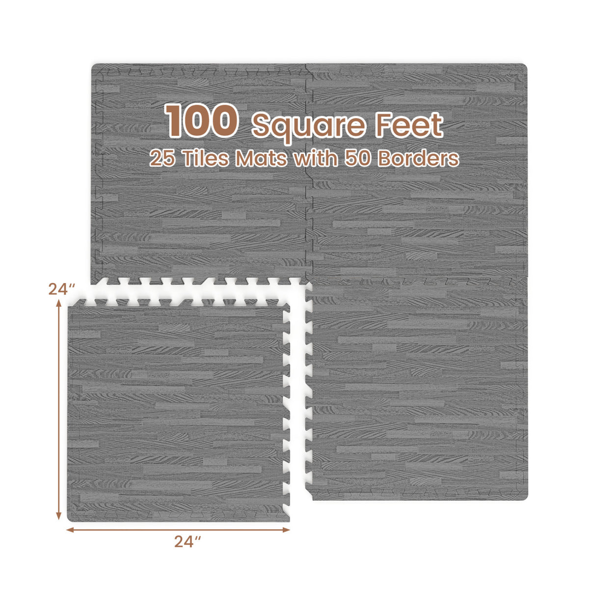 25 Tiles Wood Grain Foam Floor Mats with Borders-Gray