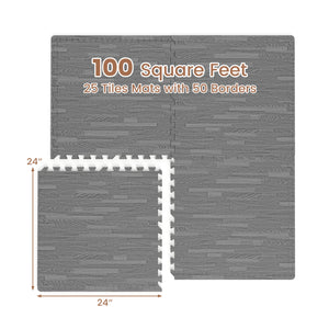25 Tiles Wood Grain Foam Floor Mats with Borders-Gray