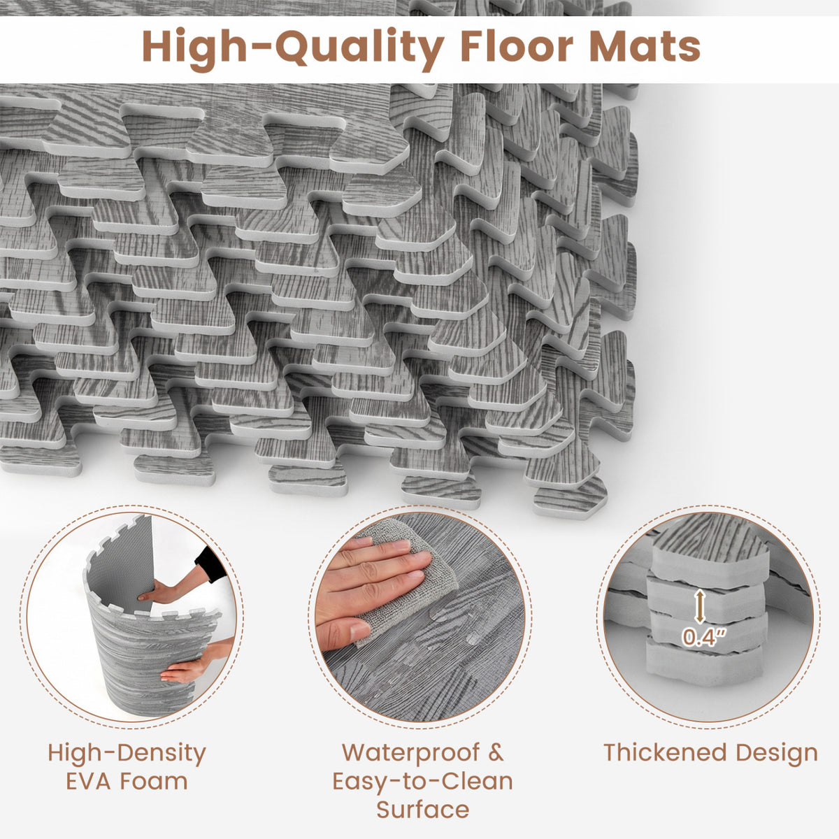 25 Tiles Wood Grain Foam Floor Mats with Borders-Gray
