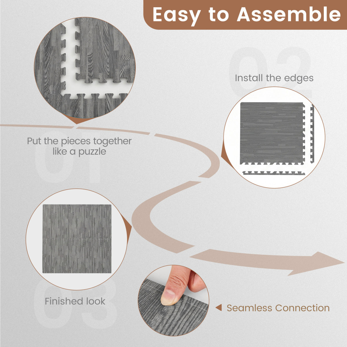 25 Tiles Wood Grain Foam Floor Mats with Borders-Gray