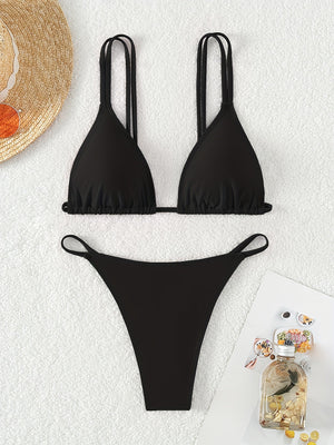 Bikini Solid Color Triangle V Neck 2 Piece Bikini Set for Women – Stretchy Double Strap Tie Back V String Swimwear with Lace Up Detail – Flattering Beach Vacation Swimsuit for Confident Summer Style and Poolside Fashion