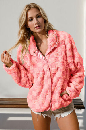 Double Take Checkered Long Sleeve Fuzzy Jacket Cozy & Trendy Outerwear For Women