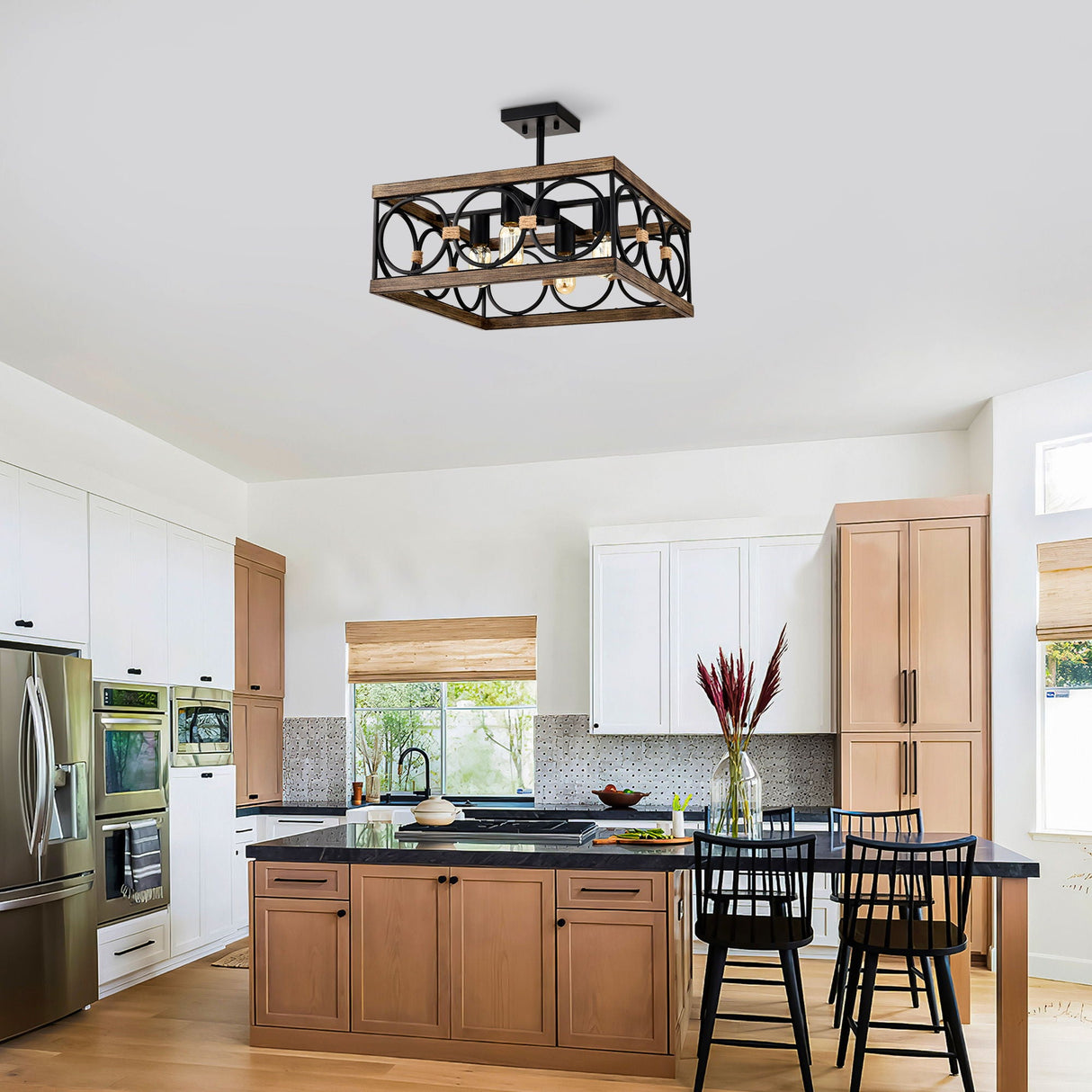 Kitchen Island Lights Ceiling Light Farmhouse Dining Room Light Fixture, Wood And Metal Rectangular Ceiling Light, Ceiling Lighting For Living Room, Conference Room, Home Office by Couch.com